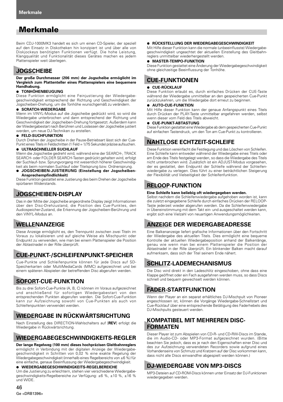 Merkmale, Jogscheibe, Jogscheiben-display | Wellenanzeige, Cue-punkt-/schleifenpunkt-speicher, Sofort-cue-funktion, Wiedergabe in rückwärtsrichtung, Wiedergabegeschwindigkeits-regler, Cue-funktionen, Nahtlose echtzeit-schleife | Pioneer CDJ-1000 MK3 User Manual | Page 46 / 124