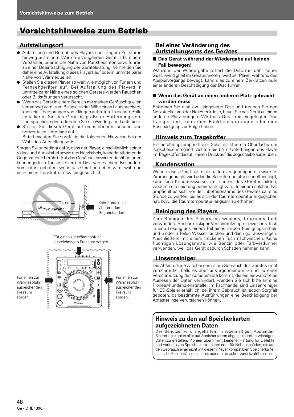 Vorsichtshinweise zum betrieb, Aufstellungsort, Hinweis zum tragekoffer | Kondensation, Reinigung des players, Linsenreiniger | Pioneer CDJ-1000 MK3 User Manual | Page 48 / 124