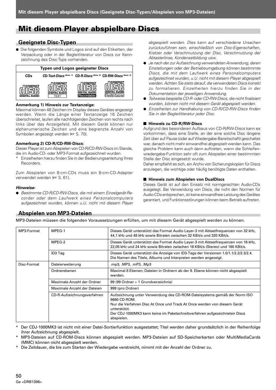 Mit diesem player abspielbare discs, Geeignete disc-typen, Abspielen von mp3-dateien | Pioneer CDJ-1000 MK3 User Manual | Page 50 / 124