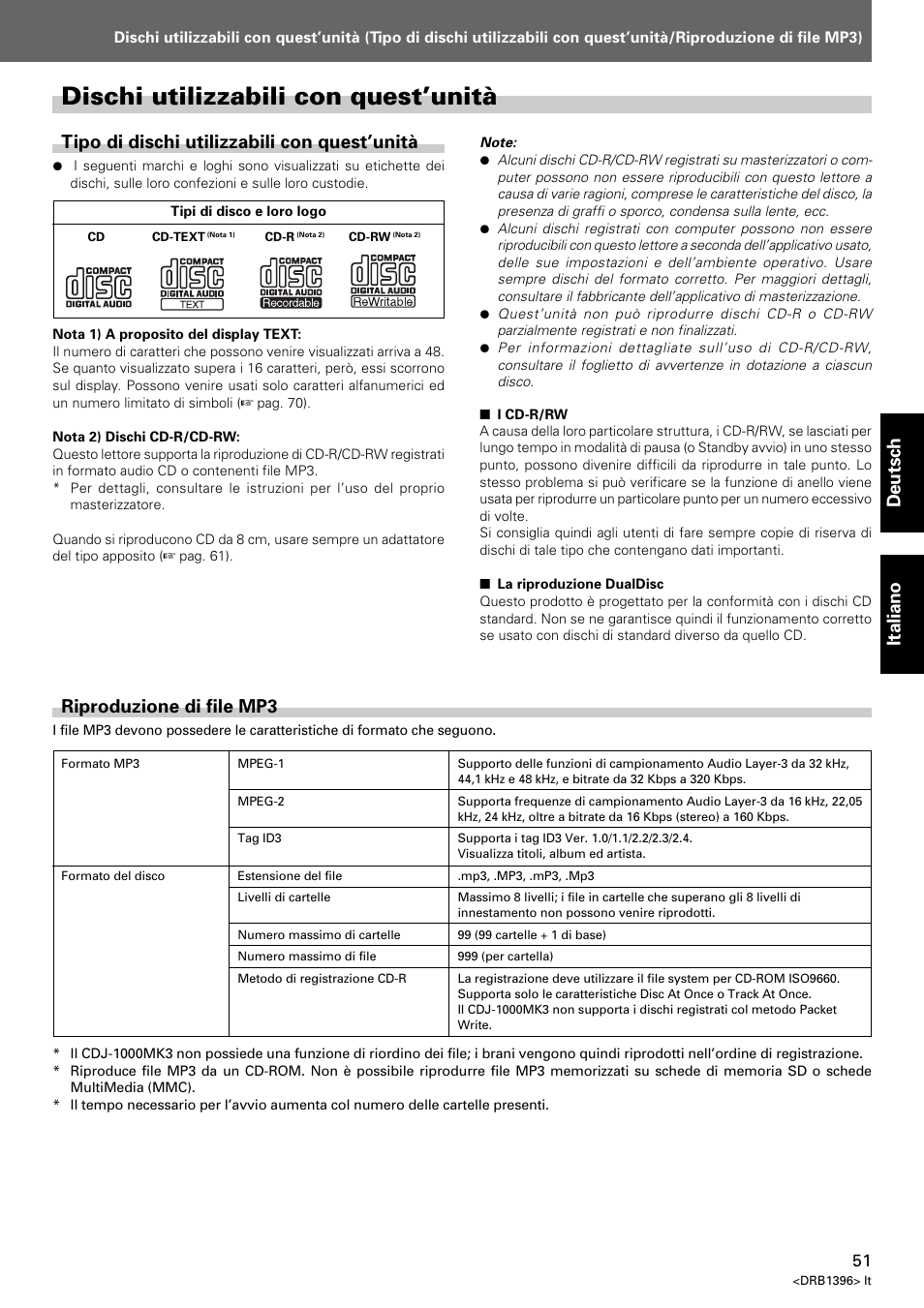 Dischi utilizzabili con quest’unità, Deutsch italiano, Tipo di dischi utilizzabili con quest’unità | Riproduzione di file mp3 | Pioneer CDJ-1000 MK3 User Manual | Page 51 / 124