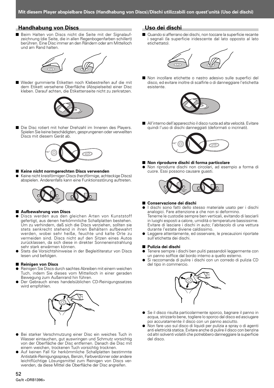 Handhabung von discs, Uso dei dischi | Pioneer CDJ-1000 MK3 User Manual | Page 52 / 124