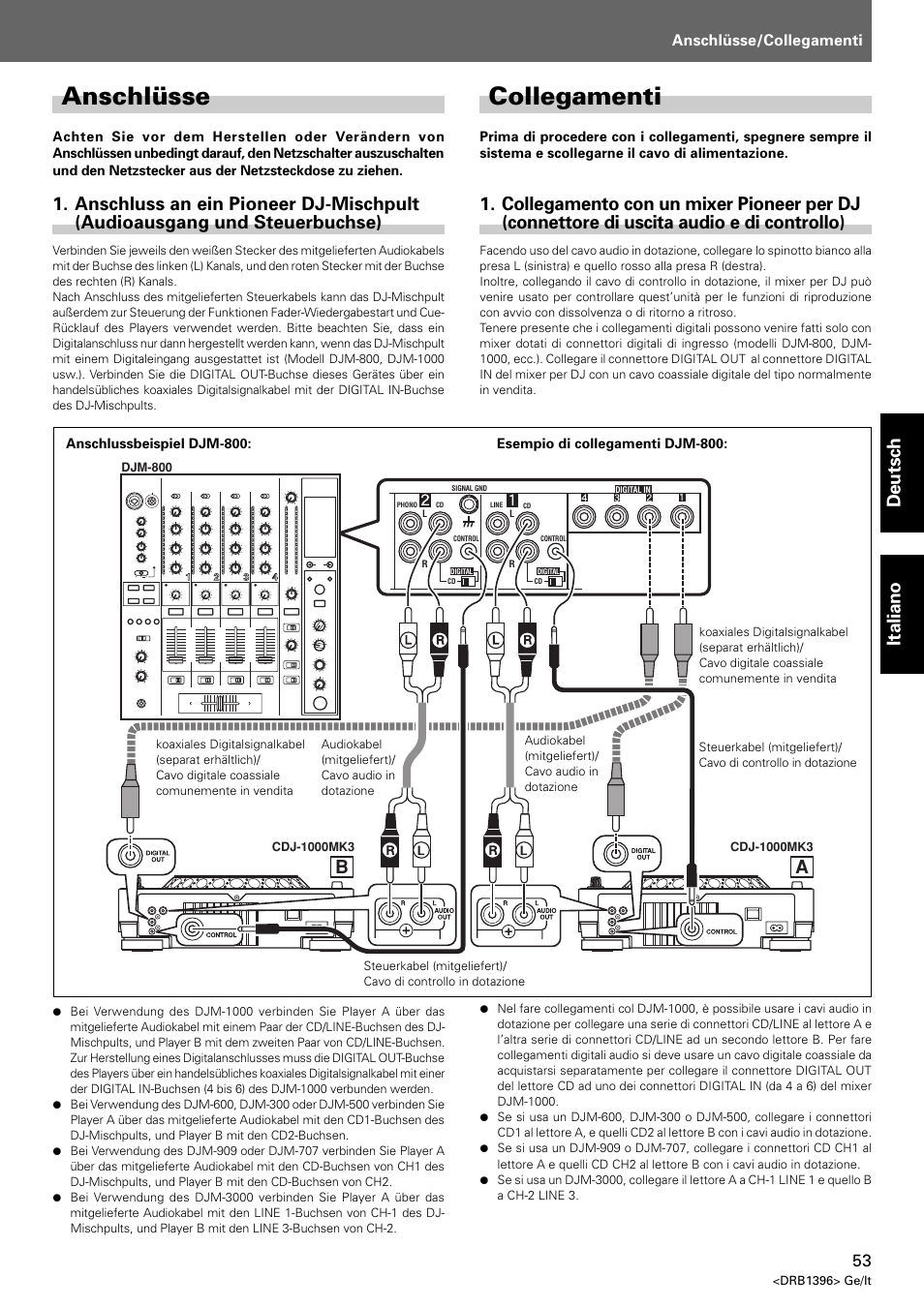 Anschlüsse, Collegamenti, Deutsch italiano | Pioneer CDJ-1000 MK3 User Manual | Page 53 / 124