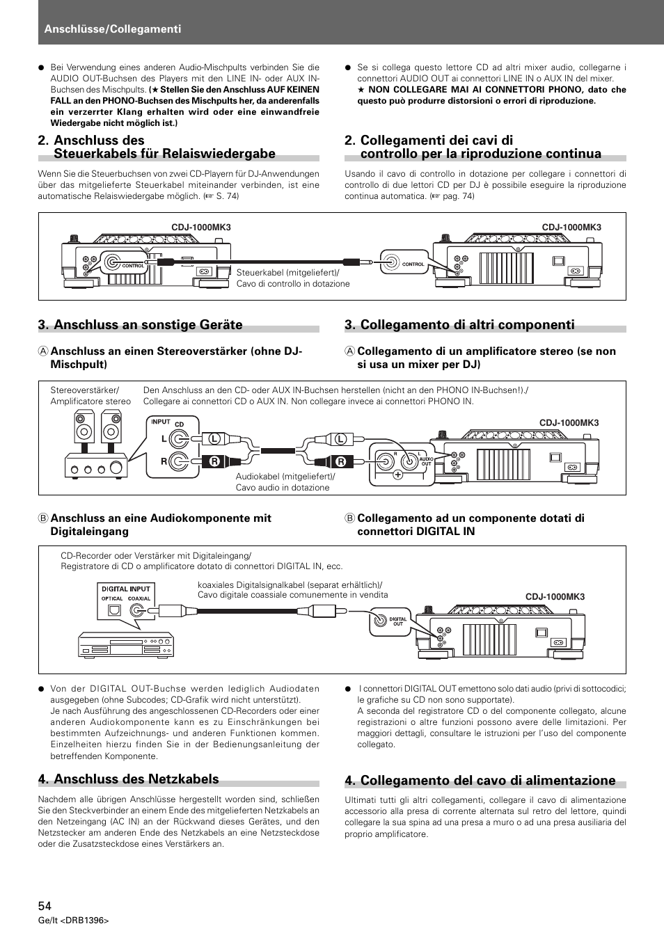 Anschluss des steuerkabels für relaiswiedergabe, Anschluss an sonstige geräte, Anschluss des netzkabels | Collegamento di altri componenti, Collegamento del cavo di alimentazione | Pioneer CDJ-1000 MK3 User Manual | Page 54 / 124