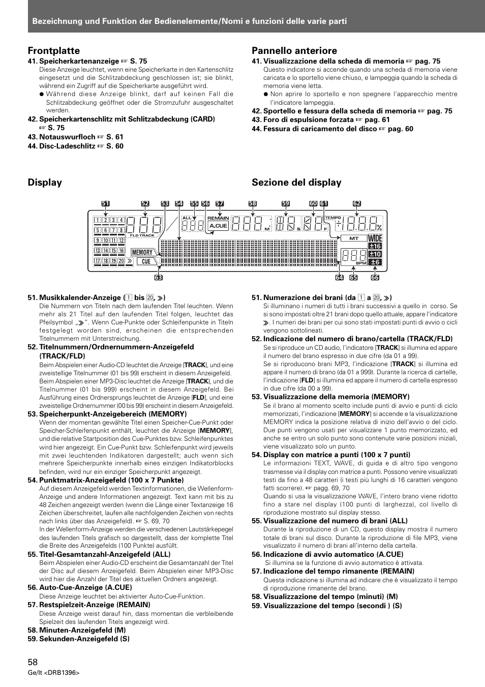 Display, Frontplatte, Sezione del display pannello anteriore | Pioneer CDJ-1000 MK3 User Manual | Page 58 / 124