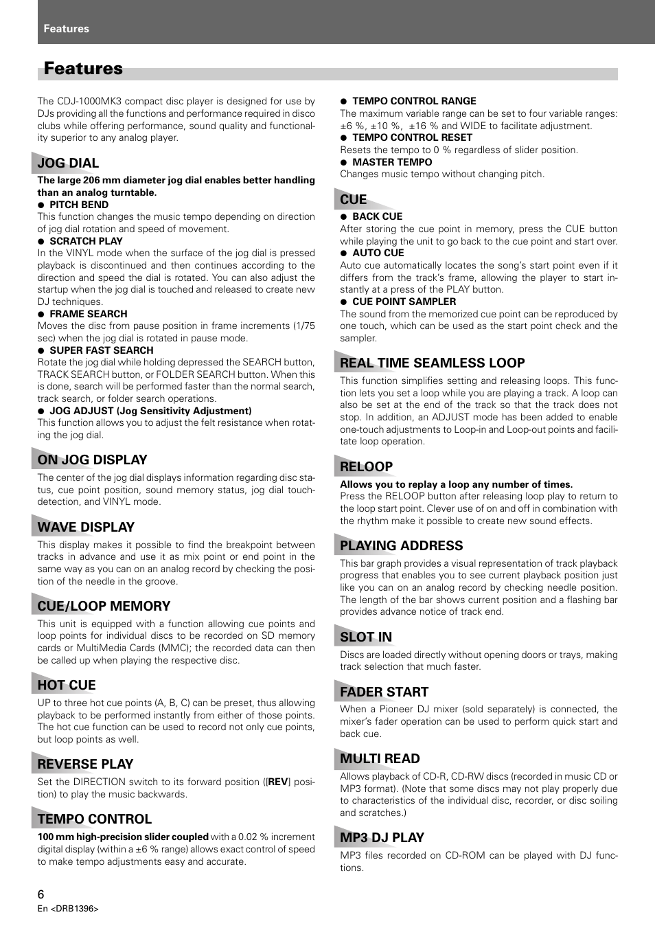 Features | Pioneer CDJ-1000 MK3 User Manual | Page 6 / 124