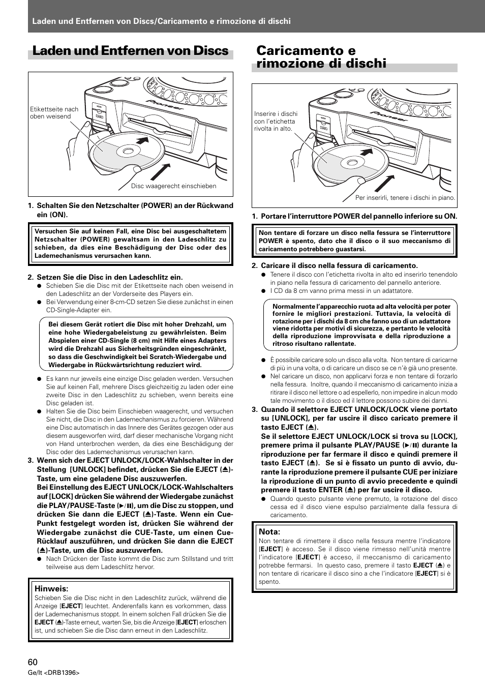 Laden und entfernen von discs, Caricamento e rimozione di dischi | Pioneer CDJ-1000 MK3 User Manual | Page 60 / 124