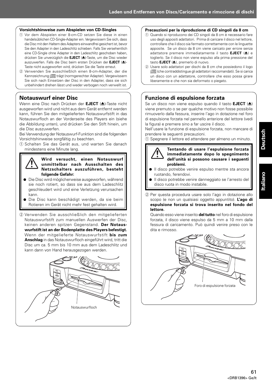 Deutsch italiano notauswurf einer disc, Funzione di espulsione forzata | Pioneer CDJ-1000 MK3 User Manual | Page 61 / 124