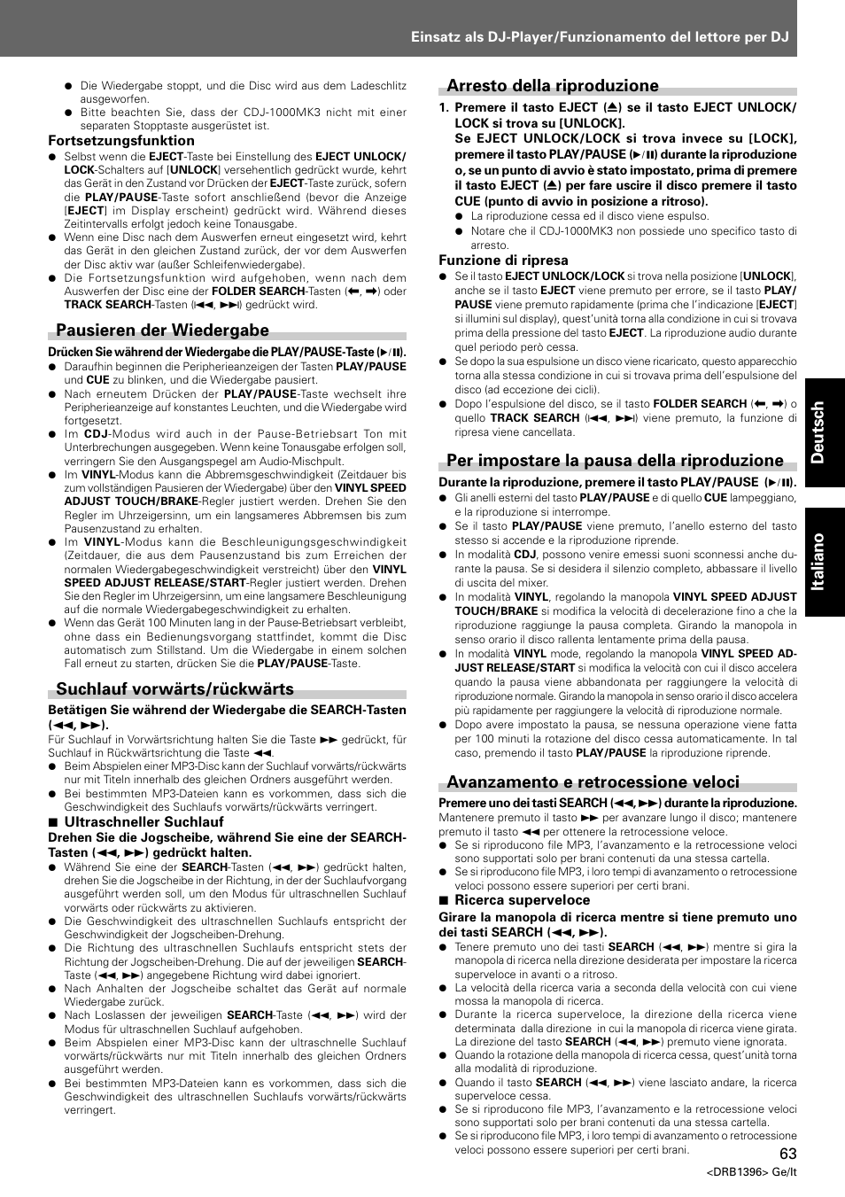 Deutsch italiano, Pausieren der wiedergabe, Suchlauf vorwärts/rückwärts | Arresto della riproduzione, Per impostare la pausa della riproduzione, Avanzamento e retrocessione veloci | Pioneer CDJ-1000 MK3 User Manual | Page 63 / 124