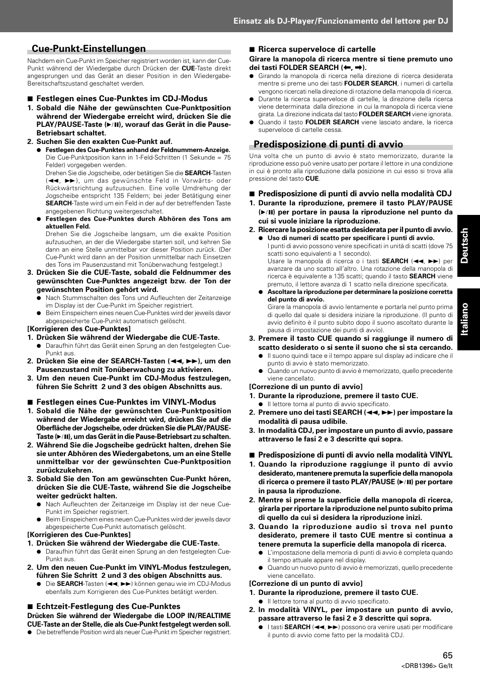 Cue-punkt-einstellungen, Predisposizione di punti di avvio, Deutsch italiano cue-punkt-einstellungen | Pioneer CDJ-1000 MK3 User Manual | Page 65 / 124