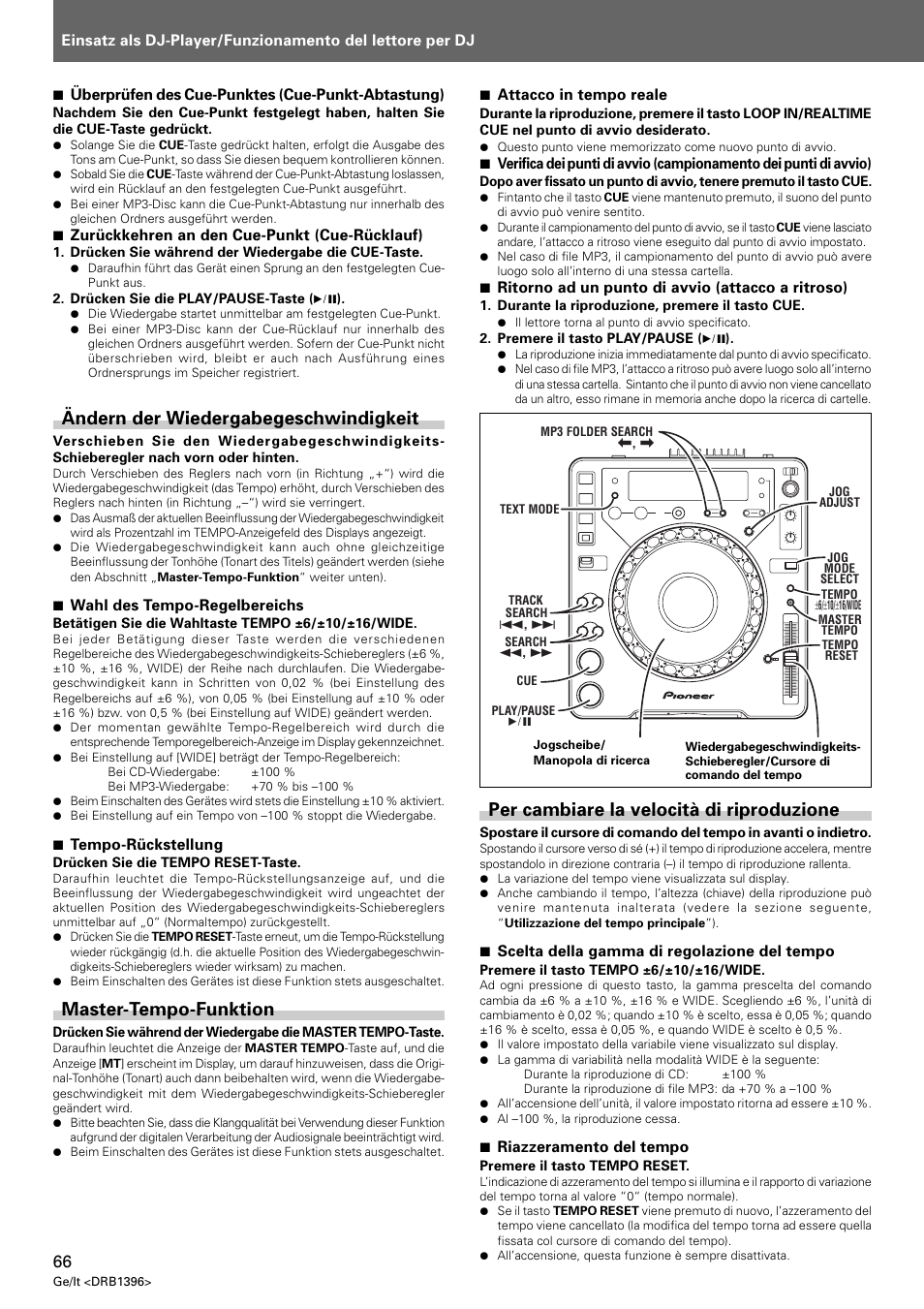 Per cambiare la velocità di riproduzione, Ändern der wiedergabegeschwindigkeit, Master-tempo-funktion | Pioneer CDJ-1000 MK3 User Manual | Page 66 / 124