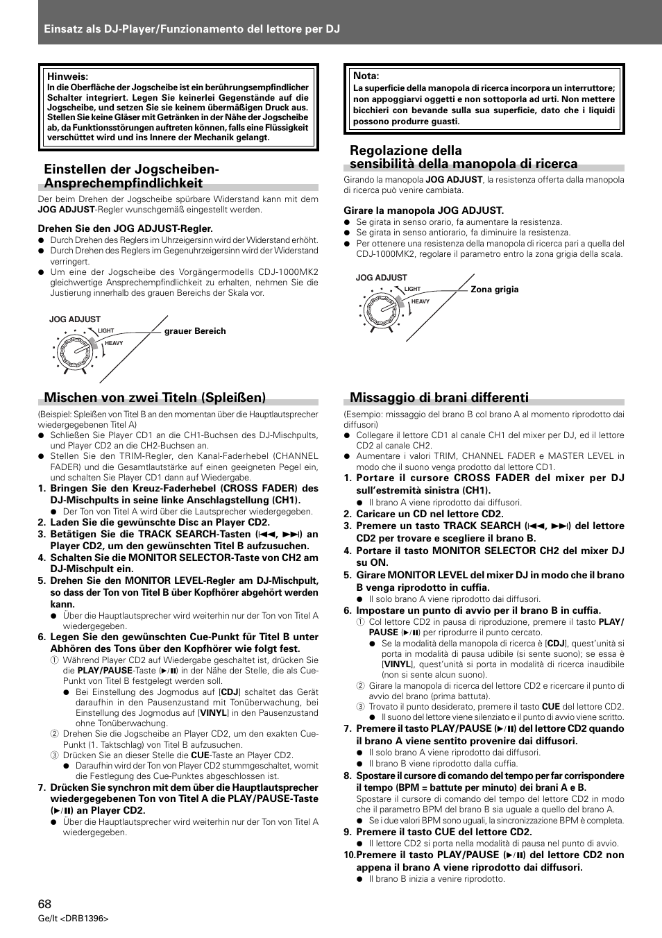 Mischen von zwei titeln (spleißen), Missaggio di brani differenti | Pioneer CDJ-1000 MK3 User Manual | Page 68 / 124