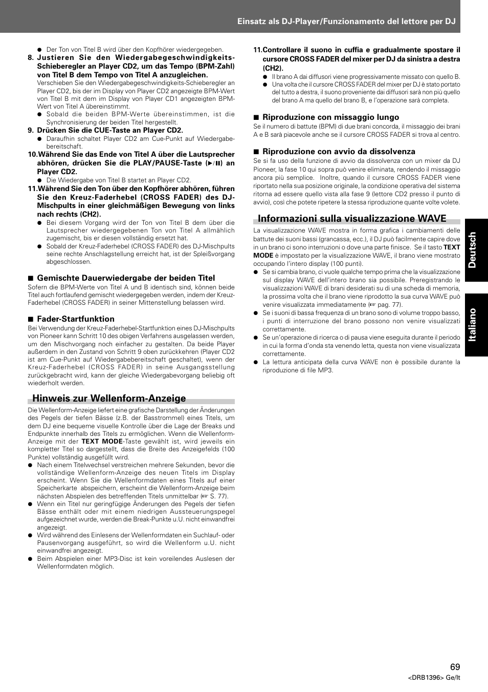 Hinweis zur wellenform-anzeige, Informazioni sulla visualizzazione wave, Deutsch italiano | Pioneer CDJ-1000 MK3 User Manual | Page 69 / 124