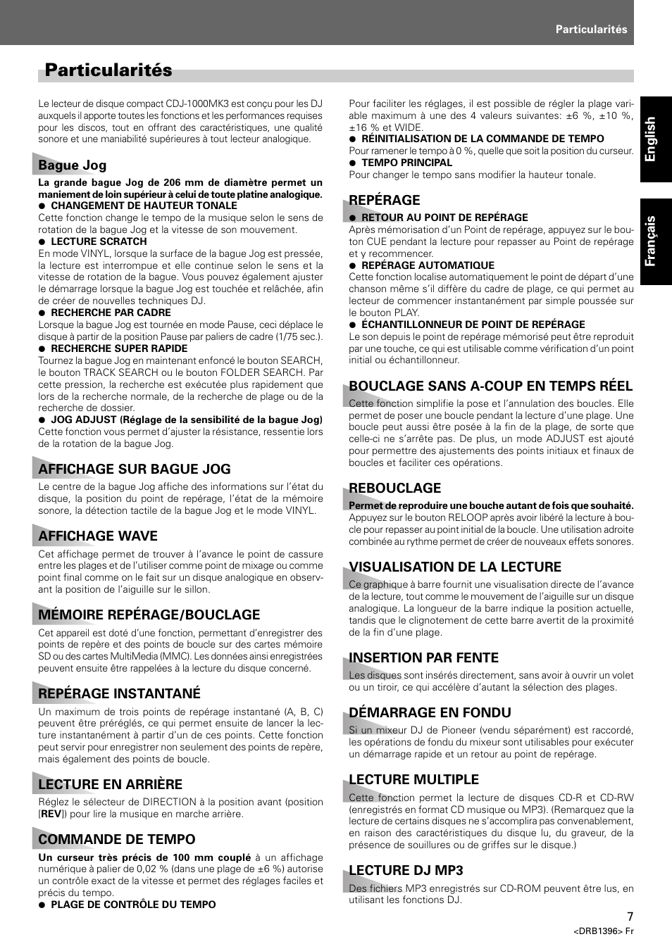 Particularités | Pioneer CDJ-1000 MK3 User Manual | Page 7 / 124