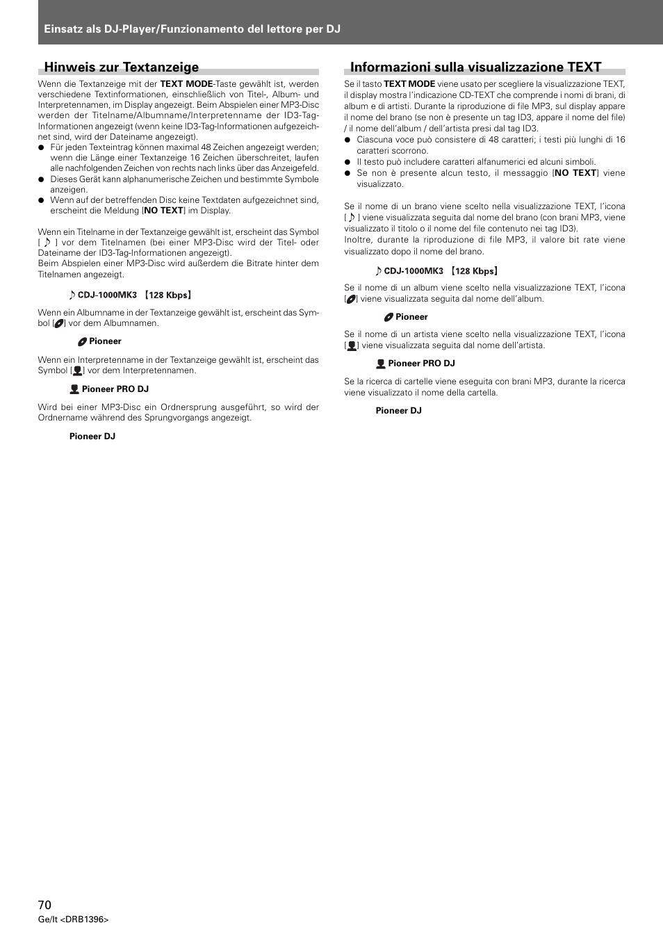 Hinweis zur textanzeige, Informazioni sulla visualizzazione text | Pioneer CDJ-1000 MK3 User Manual | Page 70 / 124