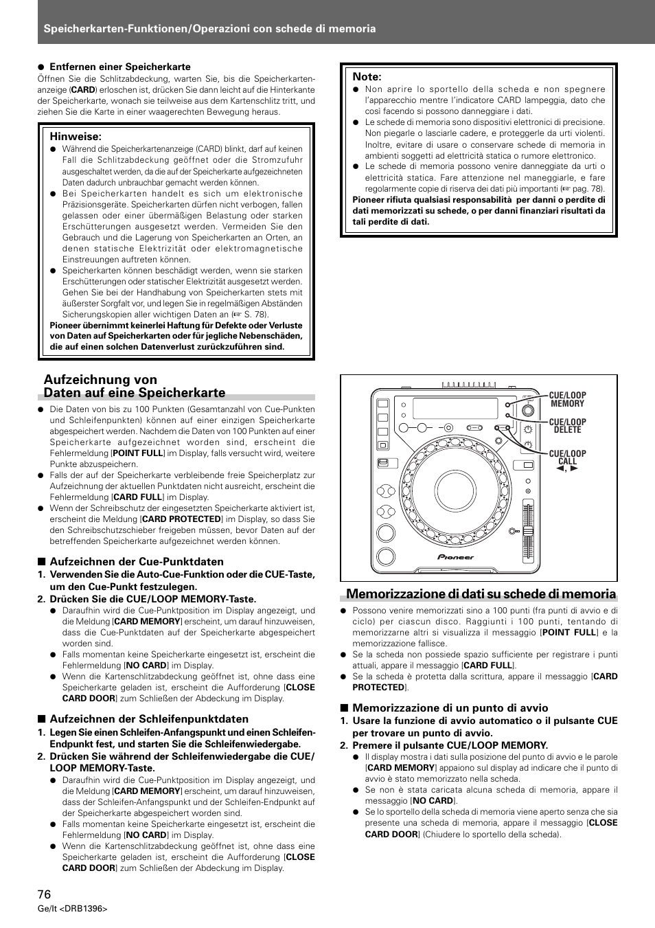 Aufzeichnung von daten auf eine speicherkarte, Memorizzazione di dati su schede di memoria | Pioneer CDJ-1000 MK3 User Manual | Page 76 / 124