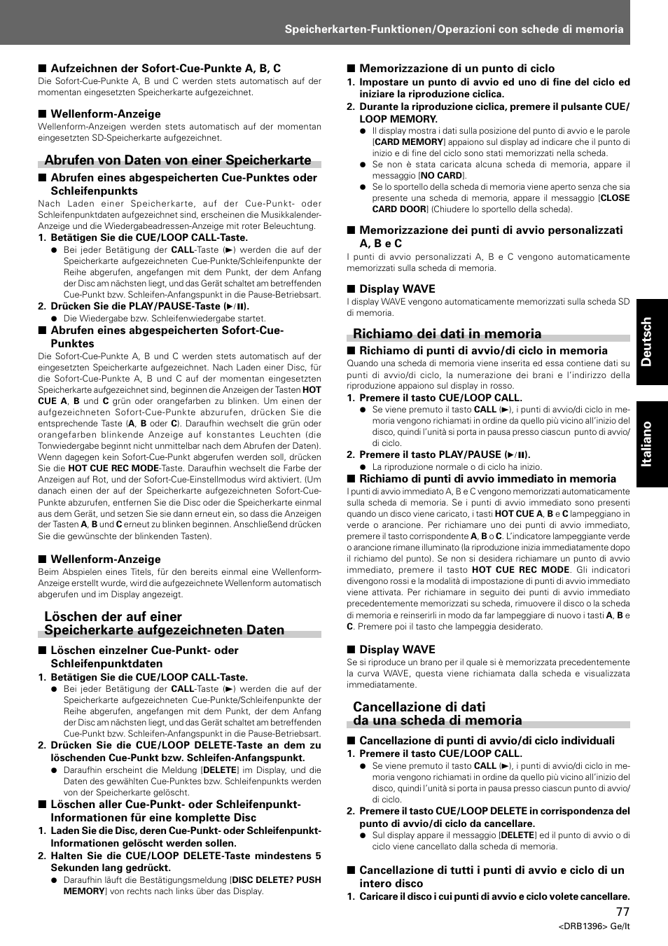 Deutsch italiano, Abrufen von daten von einer speicherkarte | Pioneer CDJ-1000 MK3 User Manual | Page 77 / 124