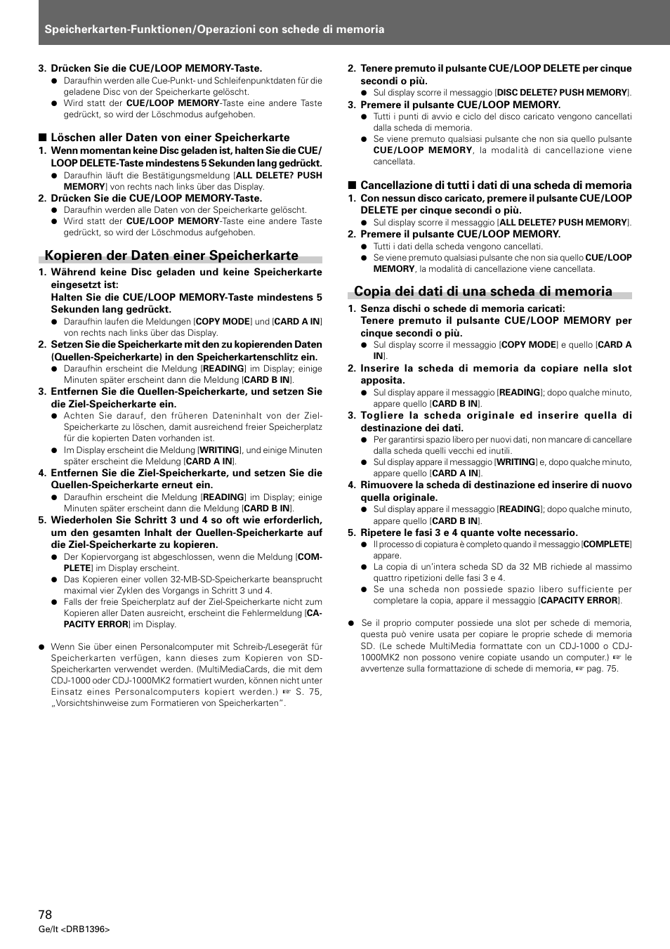 Kopieren der daten einer speicherkarte, Copia dei dati di una scheda di memoria | Pioneer CDJ-1000 MK3 User Manual | Page 78 / 124