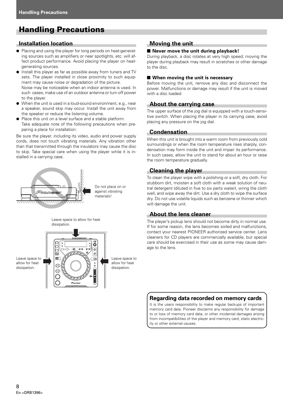 Handling precautions, Installation location, Moving the unit | About the carrying case, Condensation, Cleaning the player, About the lens cleaner | Pioneer CDJ-1000 MK3 User Manual | Page 8 / 124