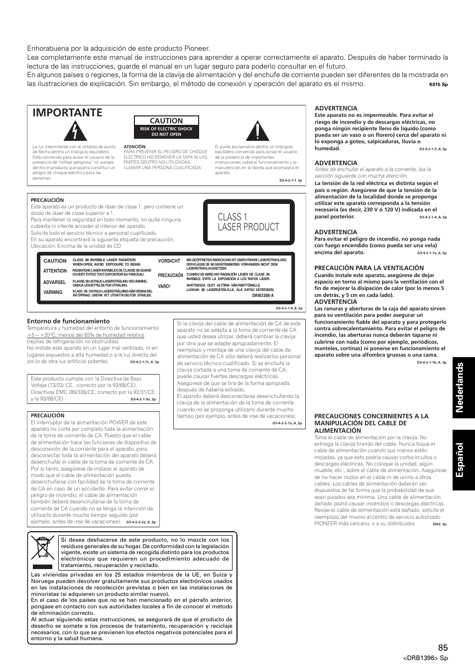 Importante, Class 1 laser product, Nederlands español | Caution | Pioneer CDJ-1000 MK3 User Manual | Page 85 / 124