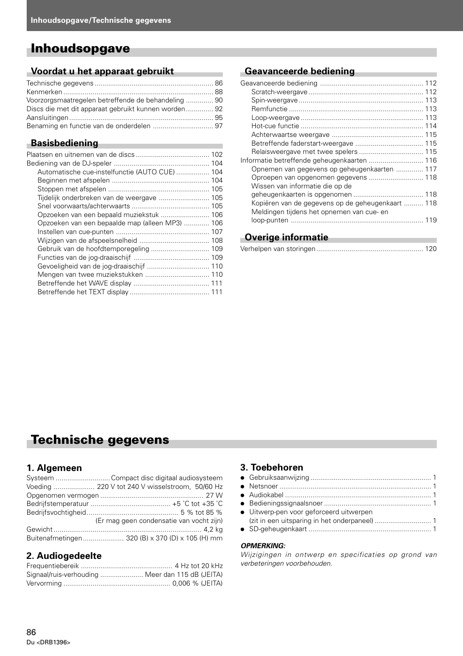 Gebruiksaanwijzing, Technische gegevens, Inhoudsopgave | Pioneer CDJ-1000 MK3 User Manual | Page 86 / 124