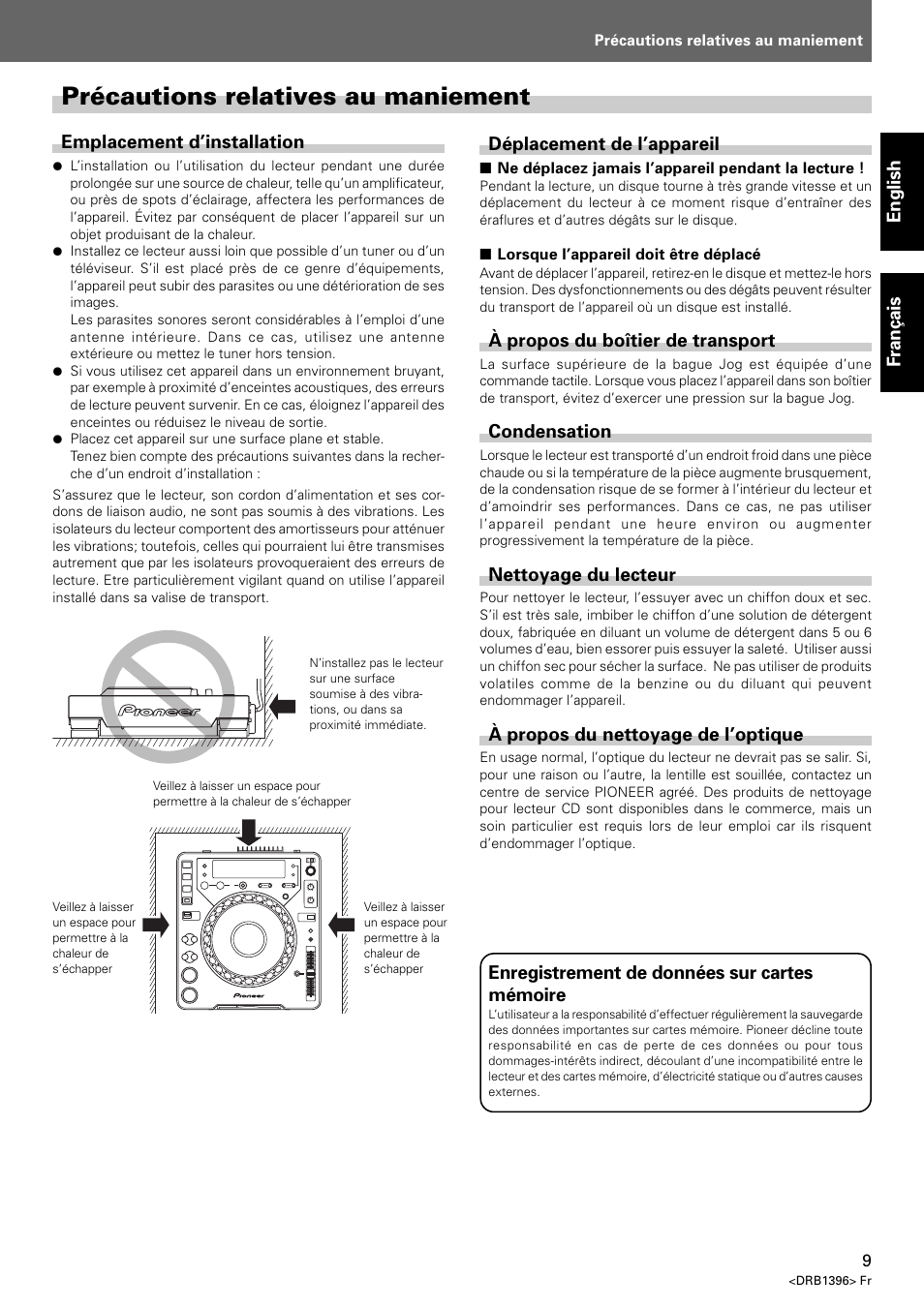 Précautions relatives au maniement | Pioneer CDJ-1000 MK3 User Manual | Page 9 / 124