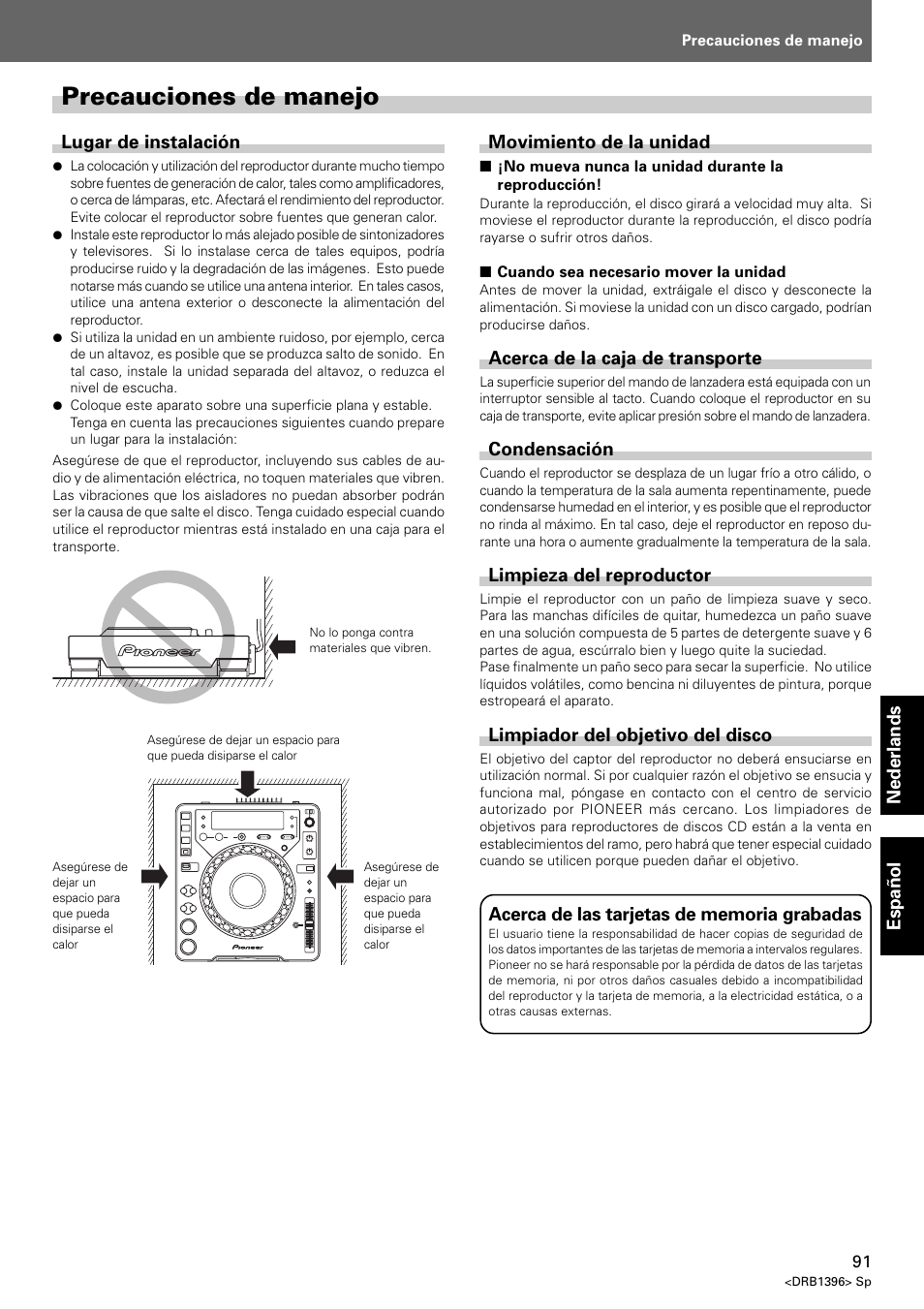 Precauciones de manejo | Pioneer CDJ-1000 MK3 User Manual | Page 91 / 124