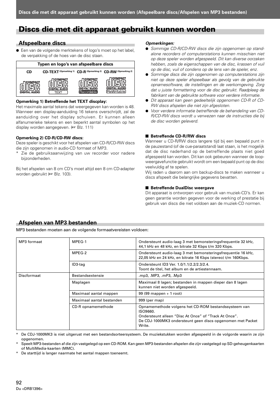 Discs die met dit apparaat gebruikt kunnen worden, Afspeelbare discs, Afspelen van mp3 bestanden | Pioneer CDJ-1000 MK3 User Manual | Page 92 / 124