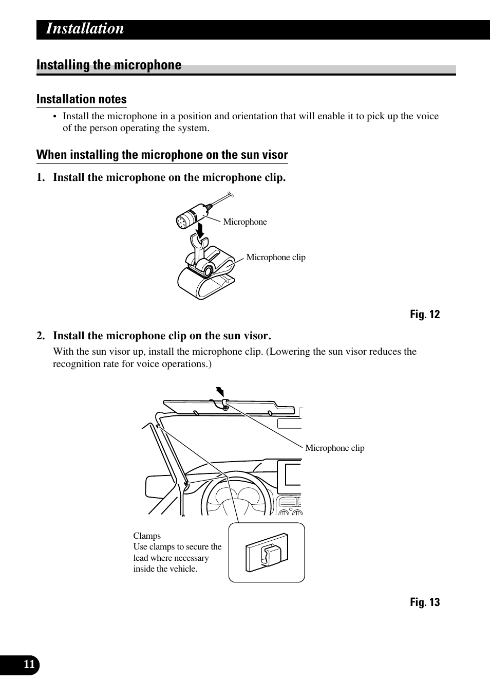 Installation, Installing the microphone | Pioneer DEH-P75BT User Manual | Page 12 / 86