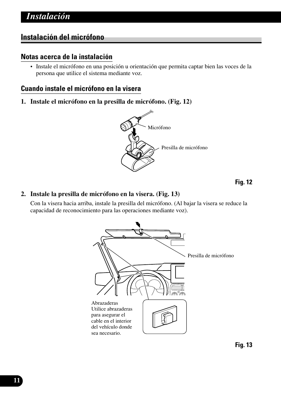 Instalación del micrófono, Instalación | Pioneer DEH-P75BT User Manual | Page 24 / 86