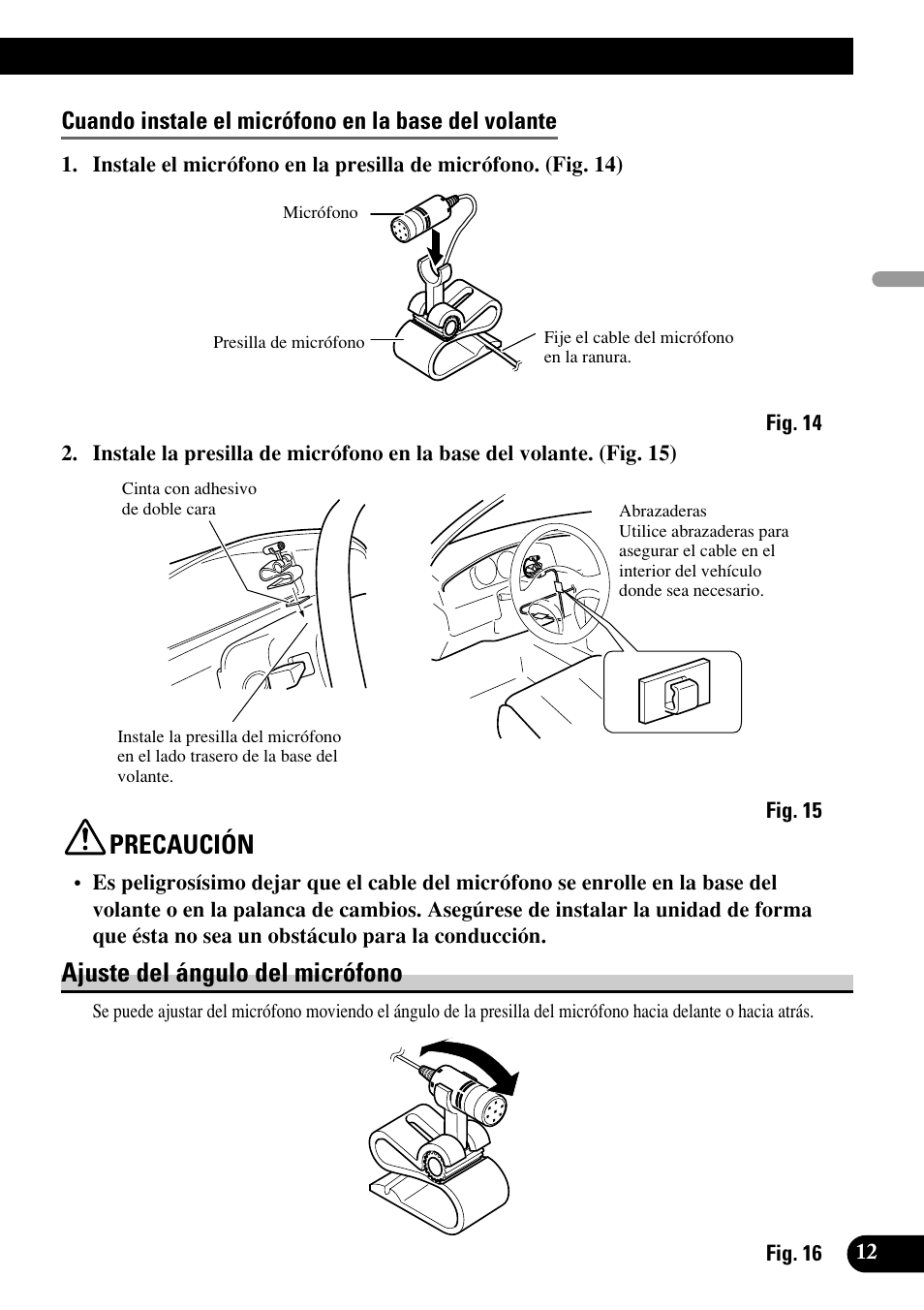 Ajuste del ángulo del micrófono, Precaución | Pioneer DEH-P75BT User Manual | Page 25 / 86