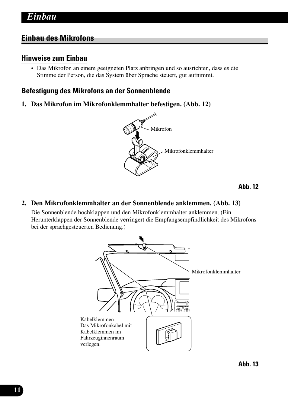 Einbau des mikrofons, Einbau | Pioneer DEH-P75BT User Manual | Page 36 / 86