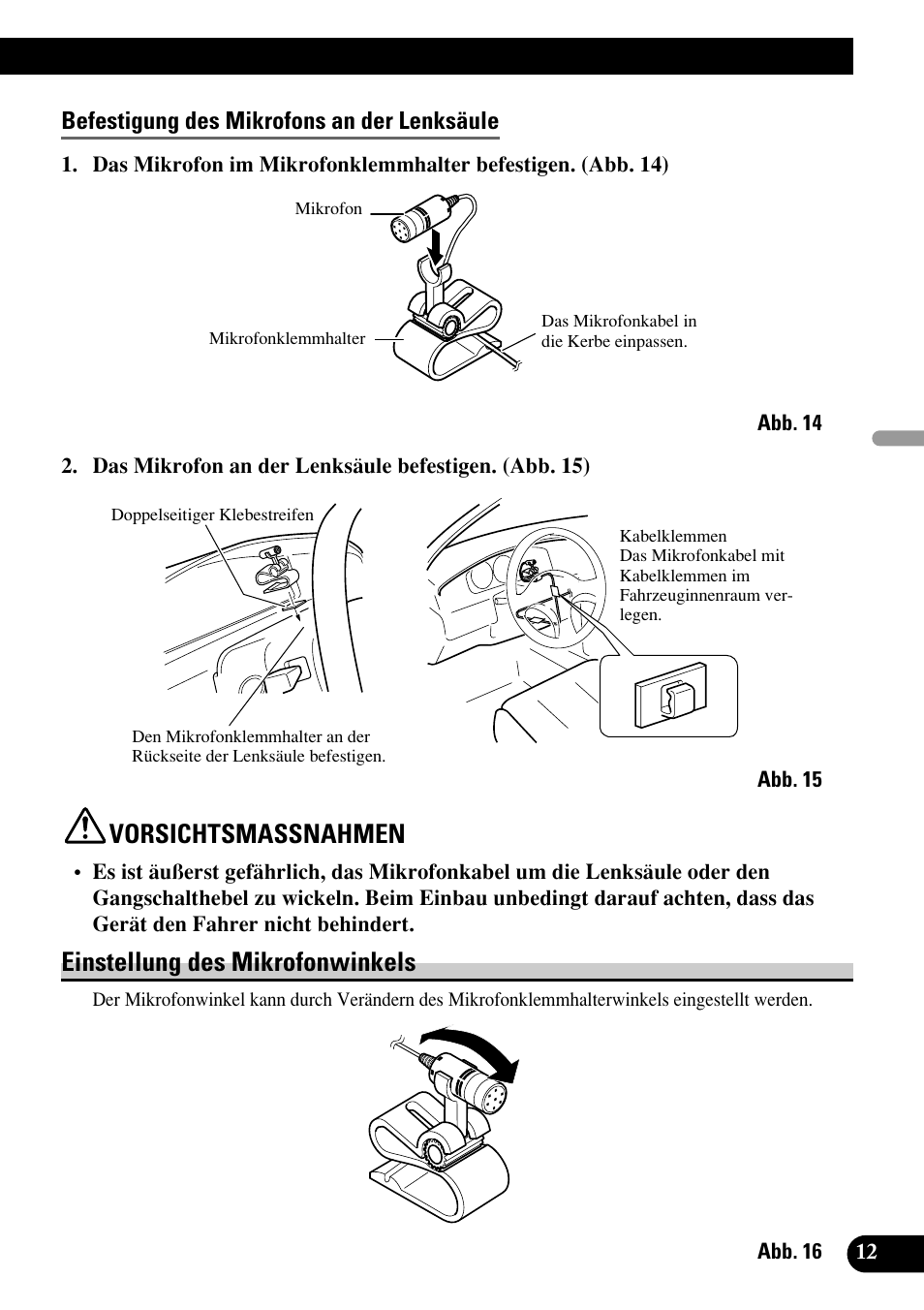 Einstellung des mikrofonwinkels, Vorsichtsmassnahmen | Pioneer DEH-P75BT User Manual | Page 37 / 86