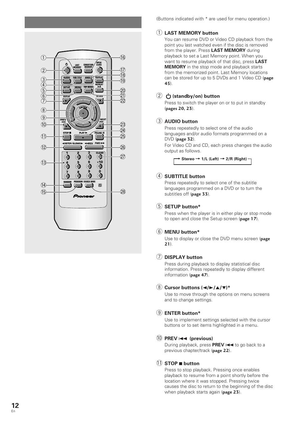 Remote control | Pioneer DV-343 User Manual | Page 12 / 56