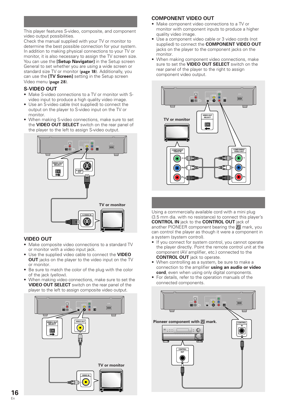 Video connections system control connections, Video connections, System control connections | S-video out, Video out, Component video out | Pioneer DV-343 User Manual | Page 16 / 56