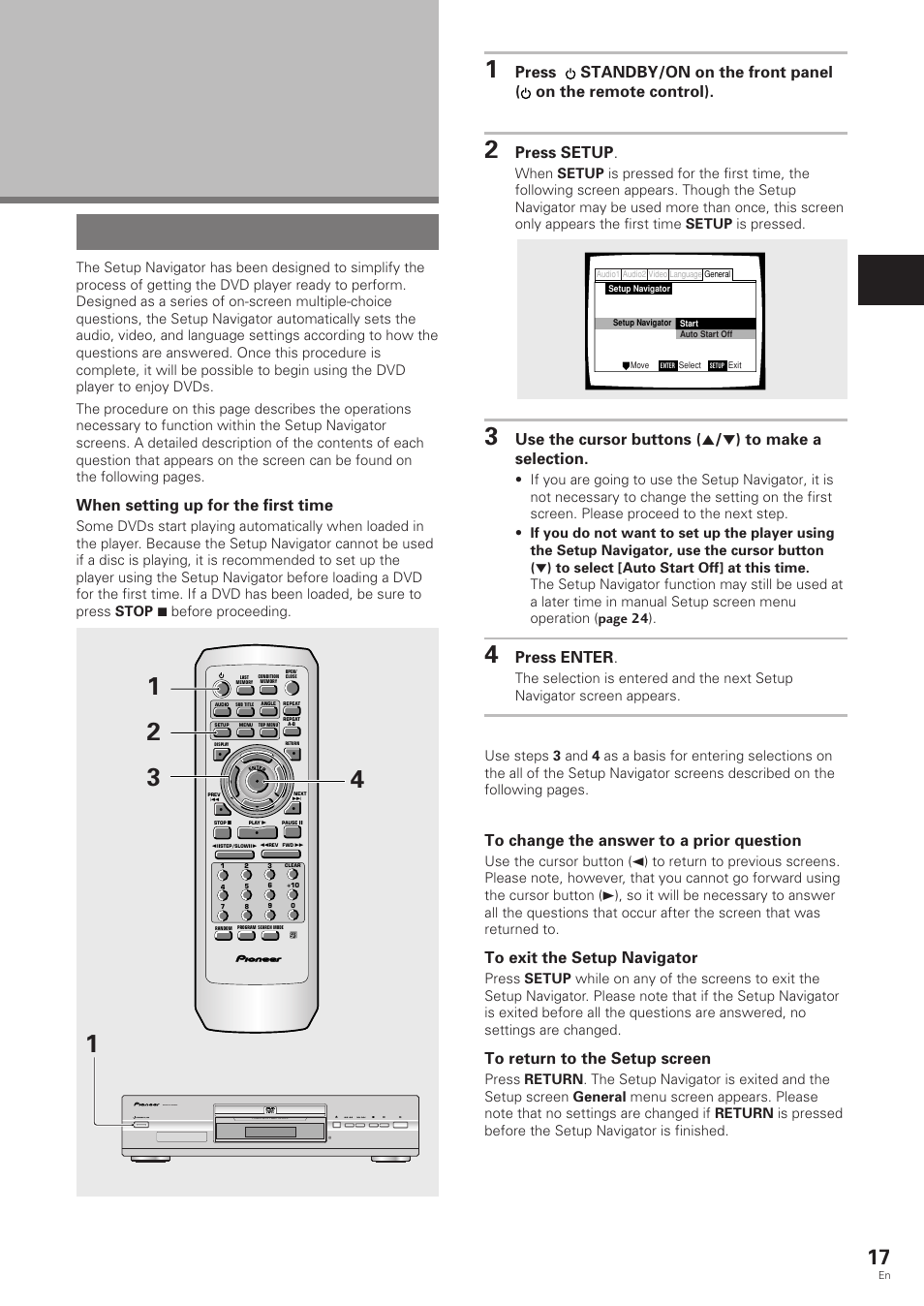 Setting up the player, Using the setup navigator, Making connections / setting up the pla yer | When setting up for the first time, Press setup, Press enter | Pioneer DV-343 User Manual | Page 17 / 56