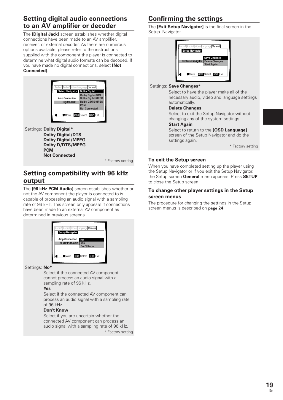 Confirming the settings, Setting compatibility with 96 khz output, Setting up the pla yer | Pioneer DV-343 User Manual | Page 19 / 56