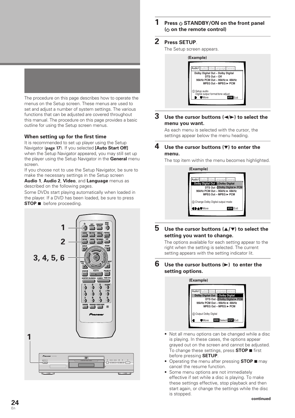 Adjusting audio and video settings, Using the setup screen menus, Press setup | Use the cursor buttons ( ∞ ) to enter the menu, When setting up for the first time, The setup screen appears, The top item within the menu becomes highlighted, Standby/on dvd pla yer | Pioneer DV-343 User Manual | Page 24 / 56