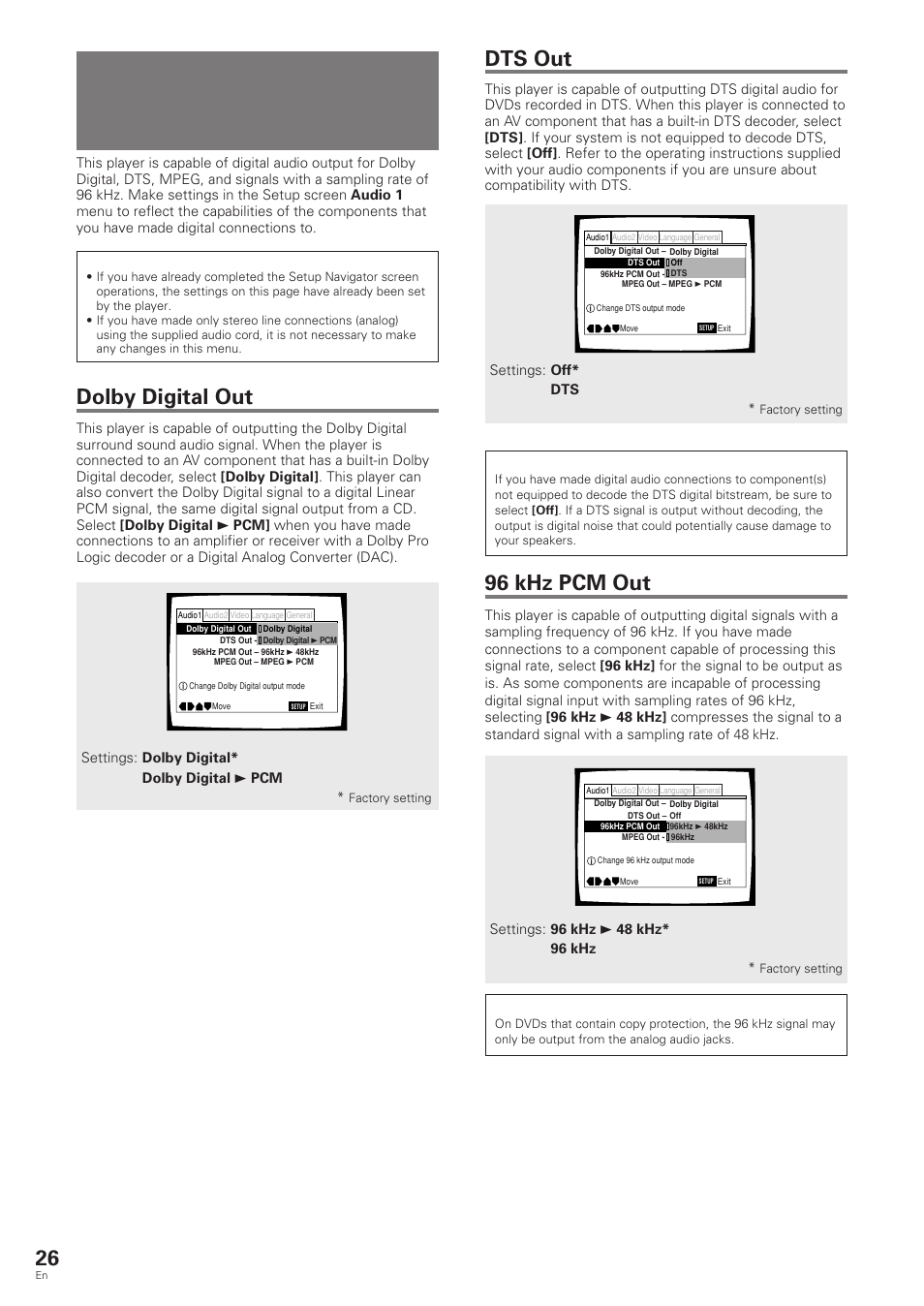 Setting the digital audio output to be, Compatible with your av component, Dolby digital out | Dts out, 96 khz pcm out | Pioneer DV-343 User Manual | Page 26 / 56