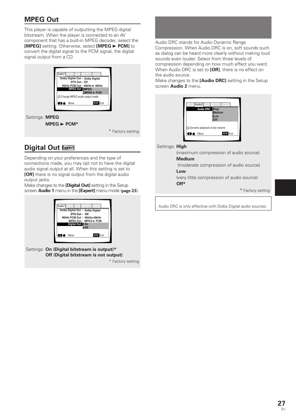 Adjusting the dynamic range of the audio, Soundtrack, Digital out | Mpeg out, Adjusting audio and video settings | Pioneer DV-343 User Manual | Page 27 / 56
