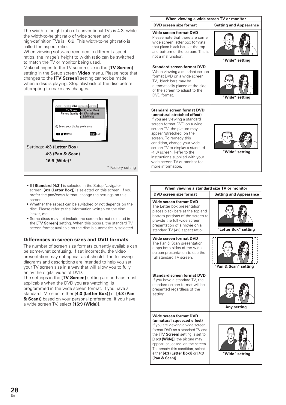 Setting the tv screen size, Differences in screen sizes and dvd formats | Pioneer DV-343 User Manual | Page 28 / 56