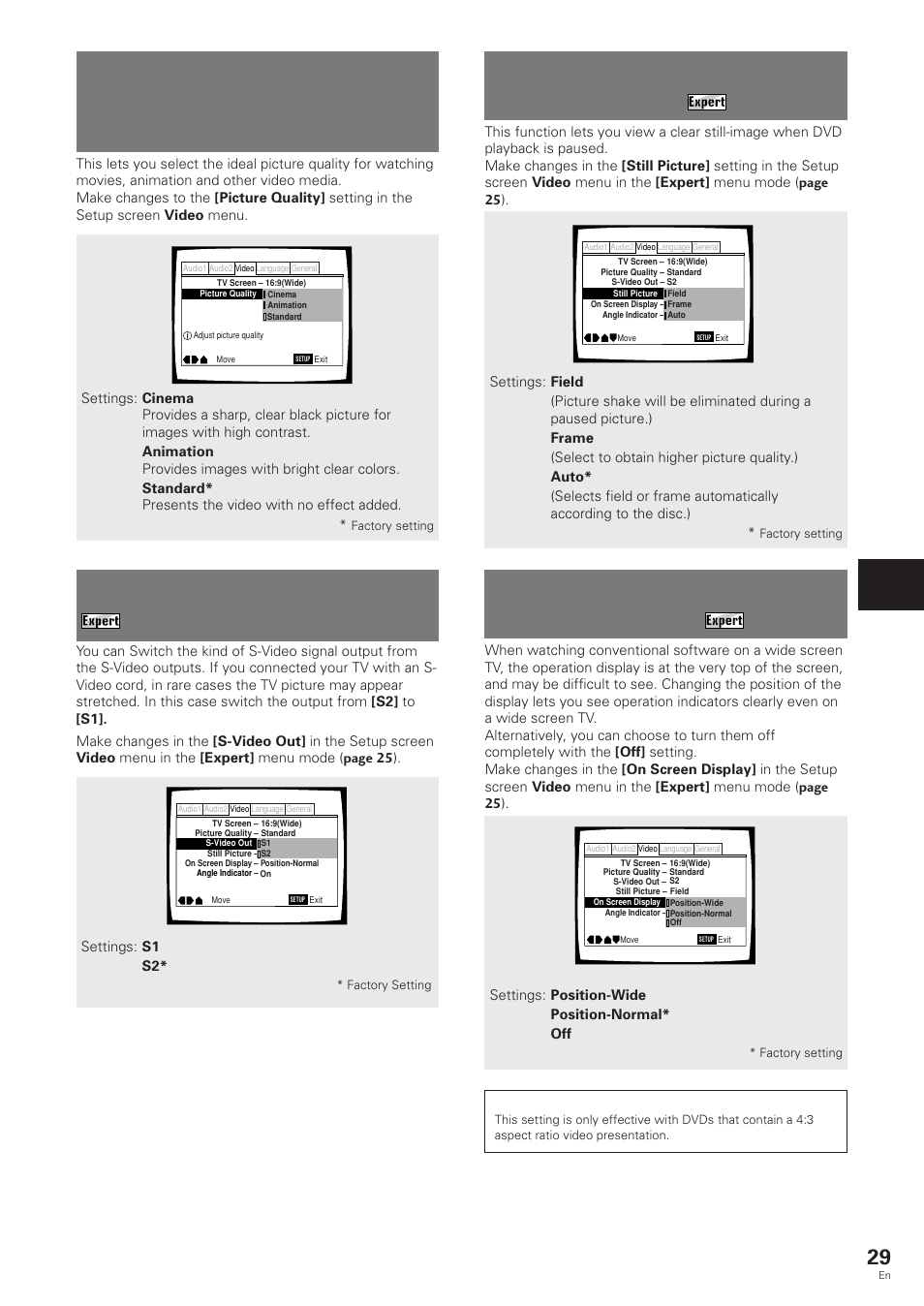 Selecting picture quality appropriate for, Program content, To display | Setting the position of the, On-screen display, Selecting the type of paused image to display, Setting the position of the on-screen display, Switching the s-video output, Adjusting audio and video settings, Dvd/video cd | Pioneer DV-343 User Manual | Page 29 / 56