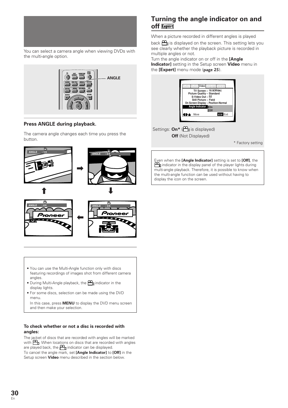 Viewing from a desired camera angle, Multi-angle), Viewing from a desired camera angle (multi-angle) | Turning the angle indicator on and off, Press angle during playback, Settings: on* ( is displayed) off (not displayed) | Pioneer DV-343 User Manual | Page 30 / 56