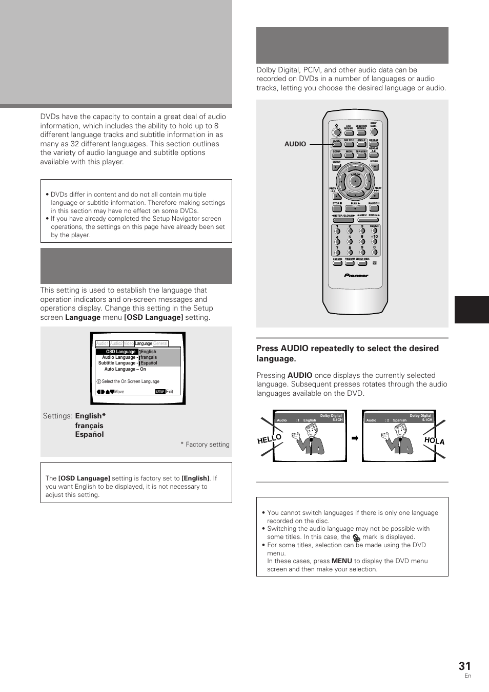 Setting the language options, Setting the on-screen display, Osd) language | Setting language and subtitle preferences in, The setup screen menus, Setting the on-screen display (osd) language, Settings: english* français español, Hello hola, Factory setting, Audio | Pioneer DV-343 User Manual | Page 31 / 56
