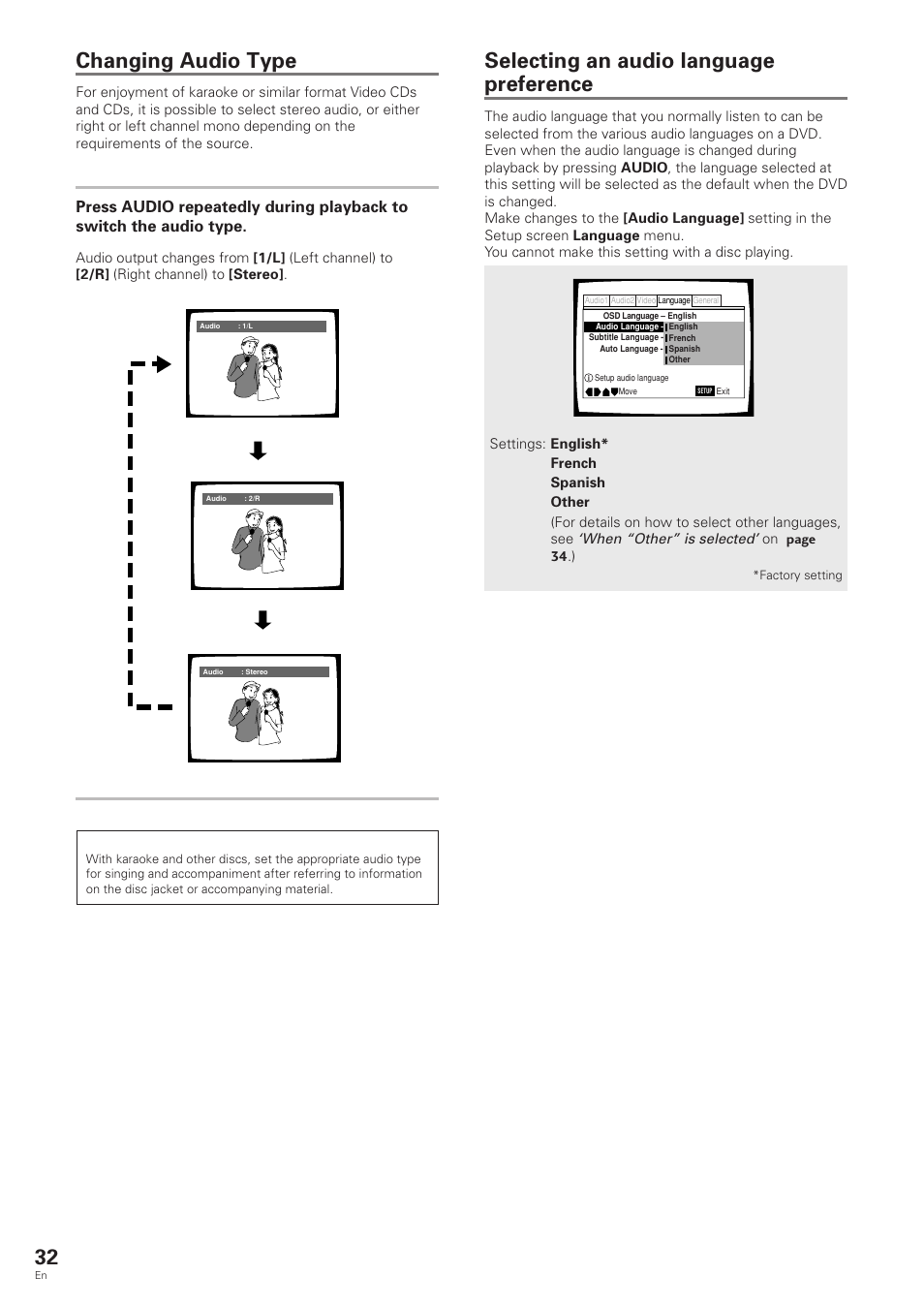 Changing the audio language, Multi-language function), Changing audio type | Selecting an audio language preference, Video cd/cd | Pioneer DV-343 User Manual | Page 32 / 56