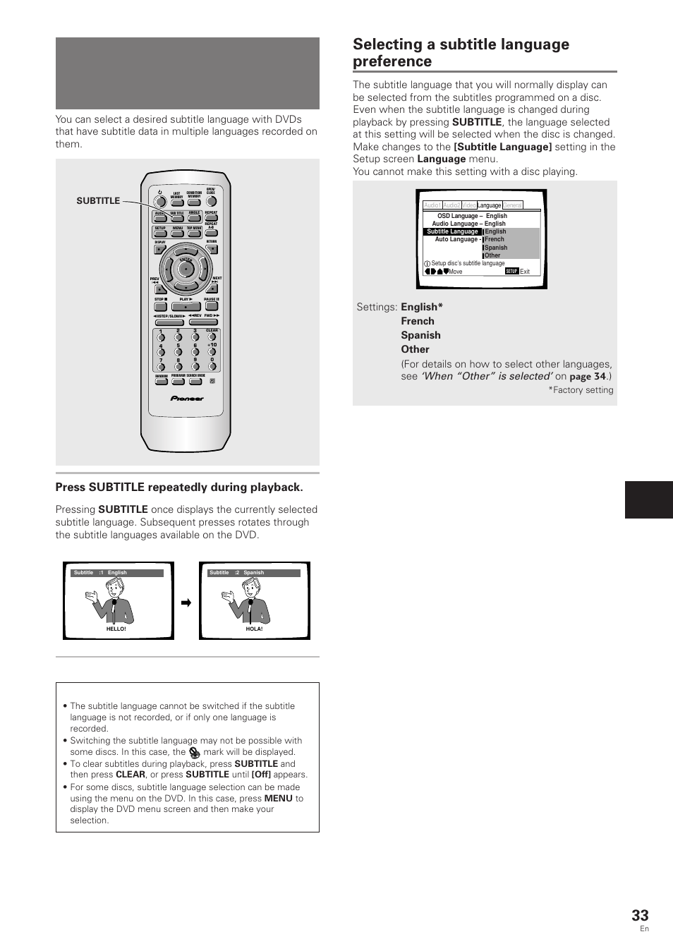 Selecting a subtitle language, Multi-language subtitles), Selecting a subtitle language preference | Setting the language options, Press subtitle repeatedly during playback, When “other” is selected, On page 34 .), Subtitle, Factory setting | Pioneer DV-343 User Manual | Page 33 / 56