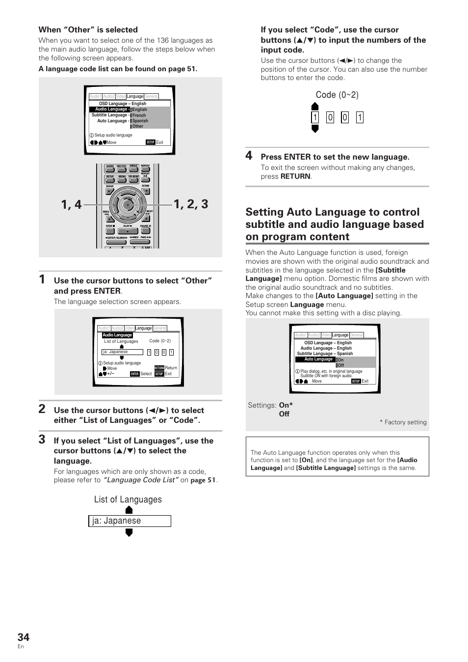 Ja: japanese list of languages, When “other” is selected, Press enter to set the new language | Language code list, The language selection screen appears, On page 51 | Pioneer DV-343 User Manual | Page 34 / 56