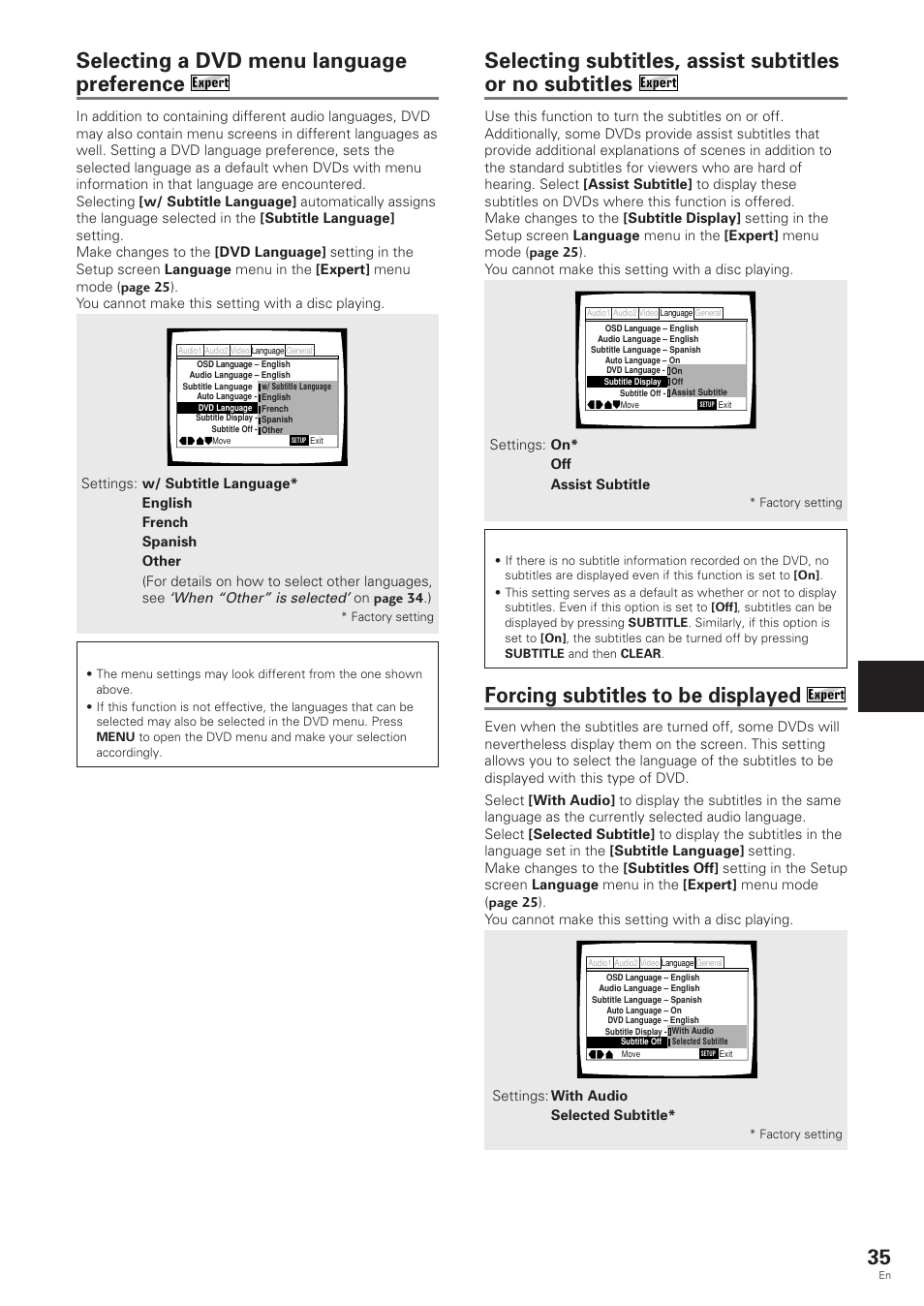 Selecting a dvd menu language preference, Forcing subtitles to be displayed, Setting the language options | When “other” is selected | Pioneer DV-343 User Manual | Page 35 / 56