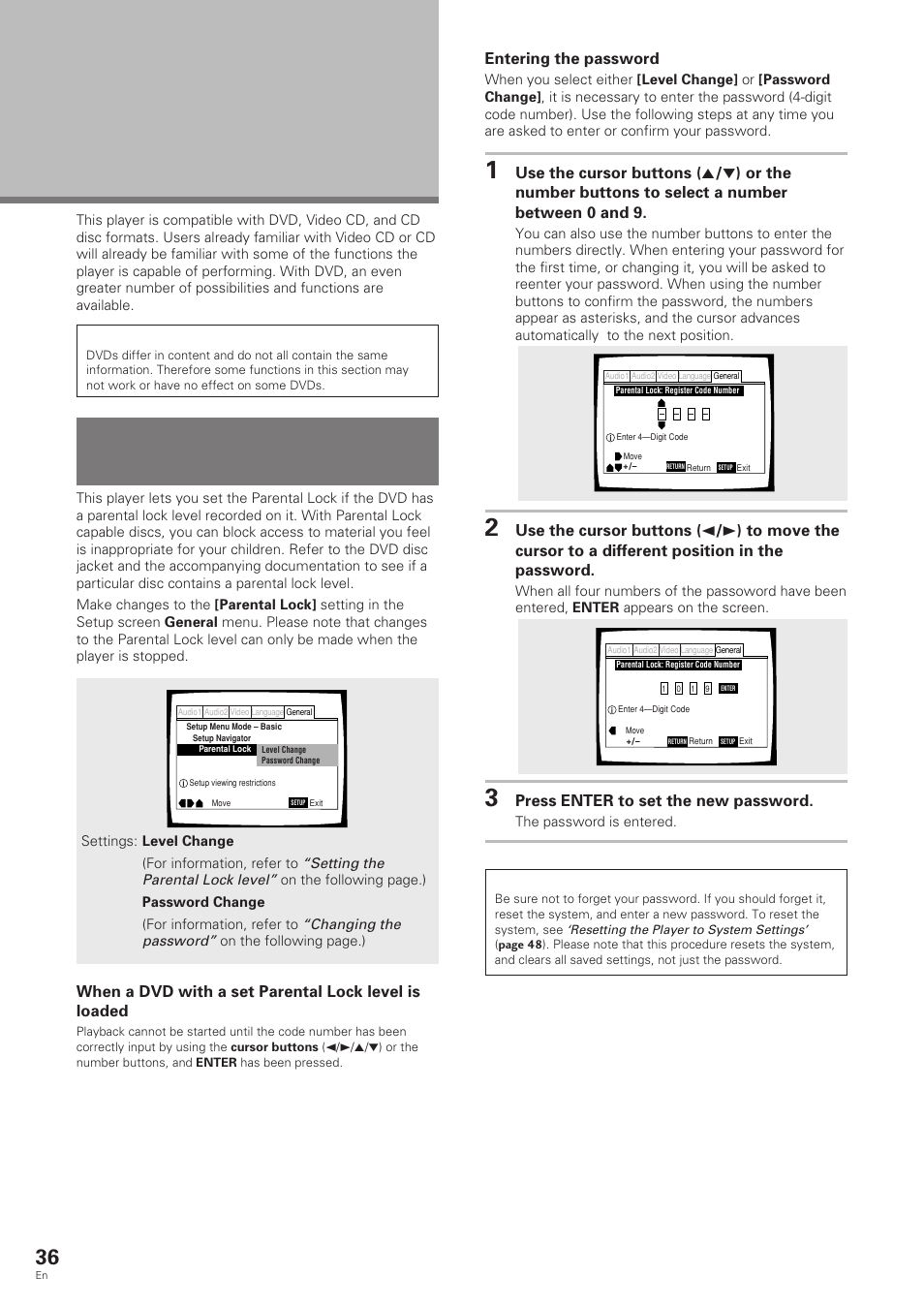 Advanced functions, Setting the parental lock level | Pioneer DV-343 User Manual | Page 36 / 56