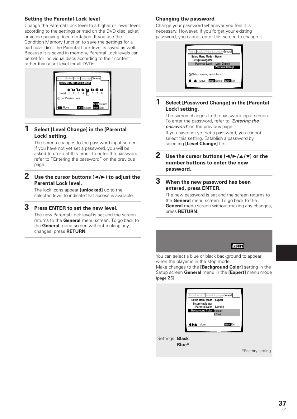 Changing the background color, Of the screen, Changing the background color of the screen | Adv anced functions, Changing the password, Setting the parental lock level, Press enter to set the new level | Pioneer DV-343 User Manual | Page 37 / 56