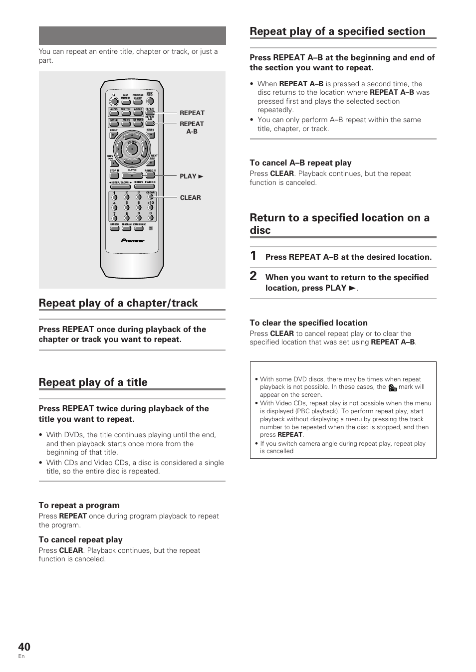 Repeat play, Repeat play of a chapter/track, Repeat play of a title | Return to a specified location on a disc, Dvd/video cd/cd, Press repeat a–b at the desired location | Pioneer DV-343 User Manual | Page 40 / 56